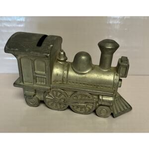 Vintage 1990s Silverplate Metal Train Coin Piggy Bank Collectible Keepsake